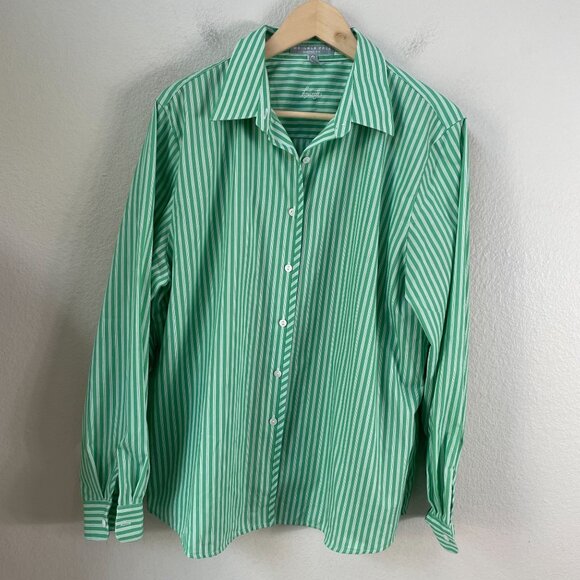 Foxcroft Womens Plus 18 Green Striped Button Up Shirt Wrinkle Free Shaped Fit - Picture 6 of 8